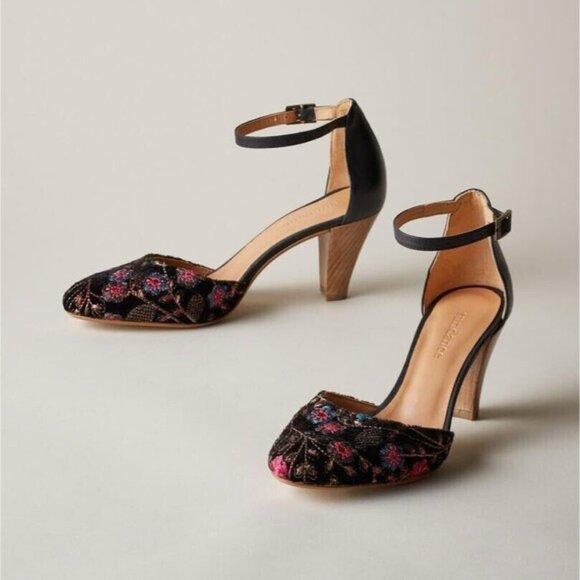 Sundance Lilia Black Floral Embroidered Ankle Strap Heels - Picture 2 of 12